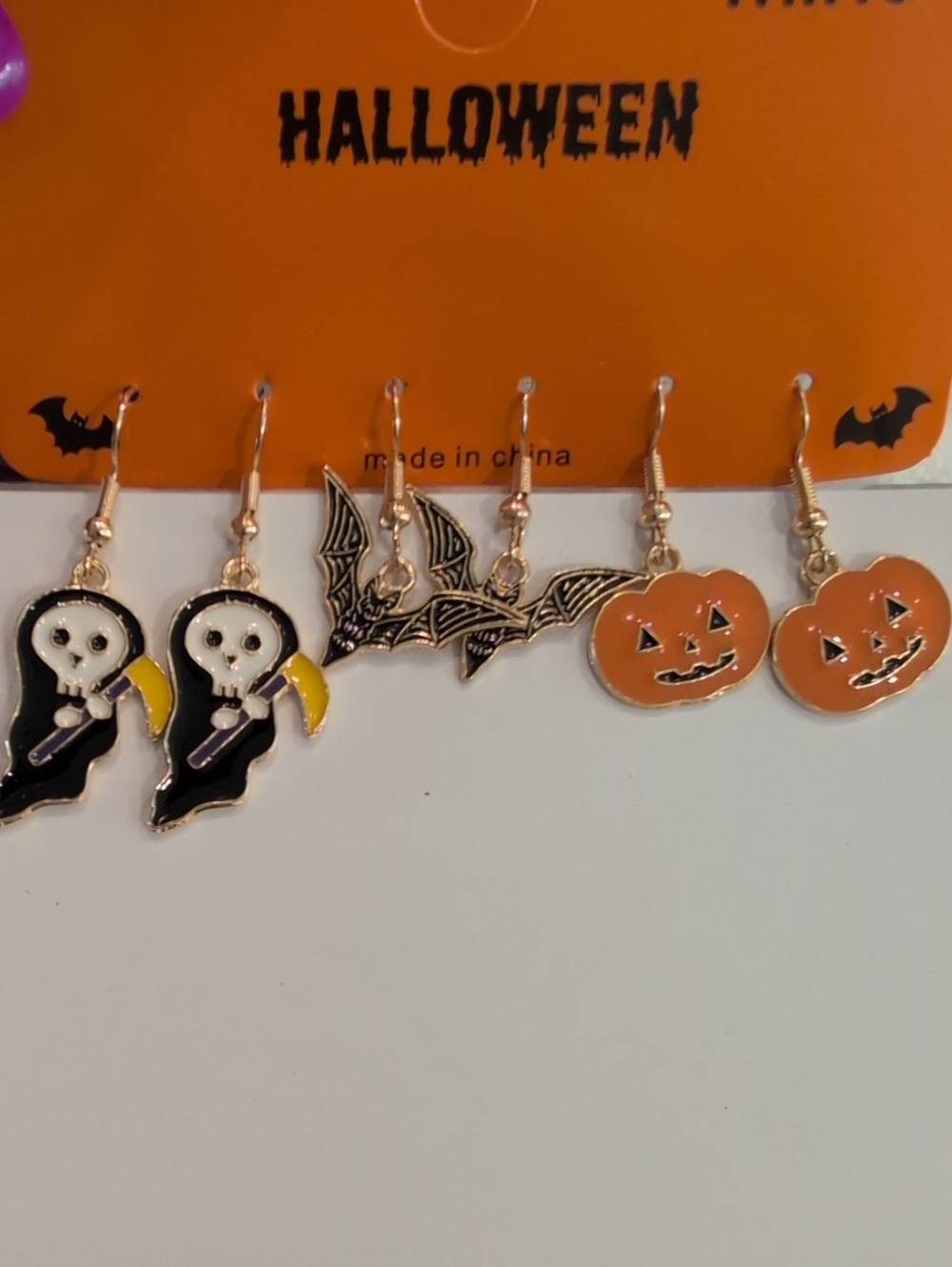 Halloween Pumpkin, Bat & Skeleton Dangle Earring Set